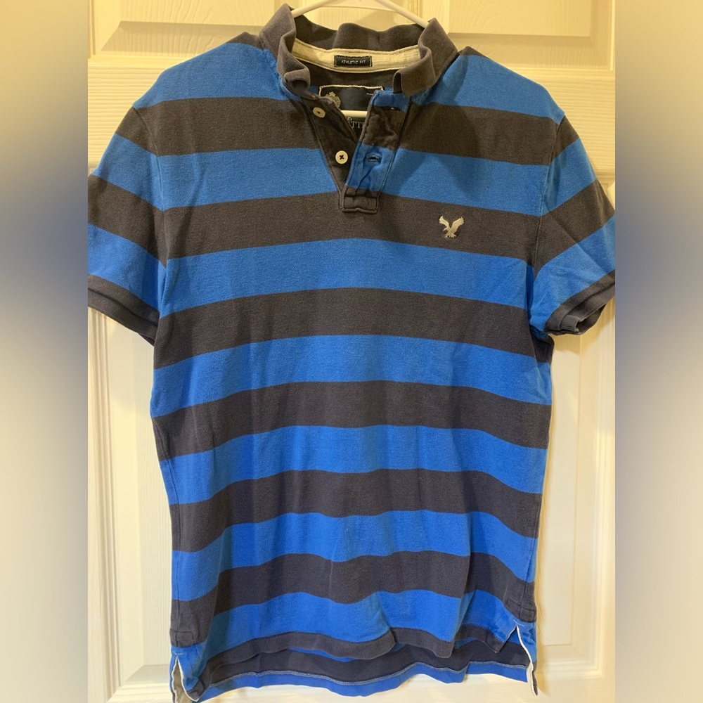 American Eagle Outfitters Blue and Black Striped Polo/vintage